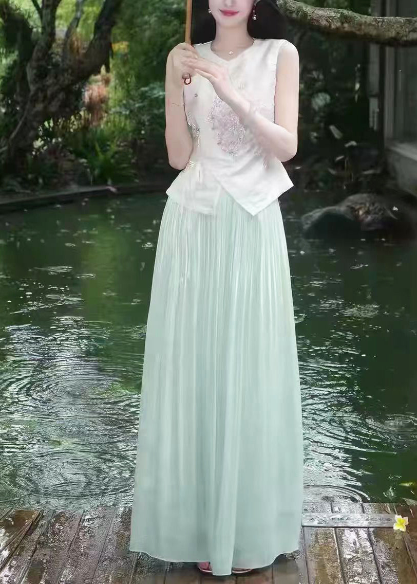 Chinese Style White Embroidered Nail bead Two Pieces Set Sleeveless