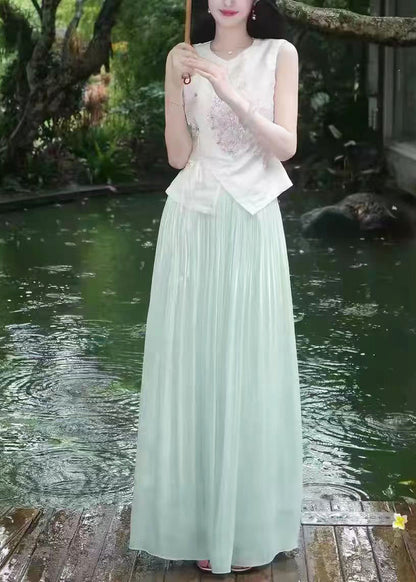 Chinese Style White Embroidered Nail bead Two Pieces Set Sleeveless