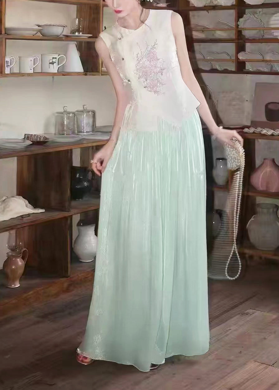 Chinese Style White Embroidered Nail bead Two Pieces Set Sleeveless