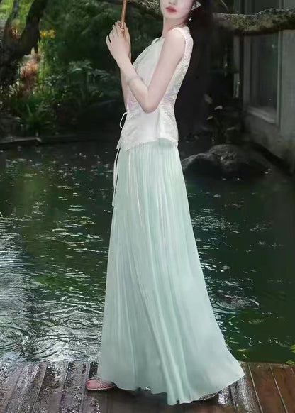 Chinese Style White Embroidered Nail bead Two Pieces Set Sleeveless