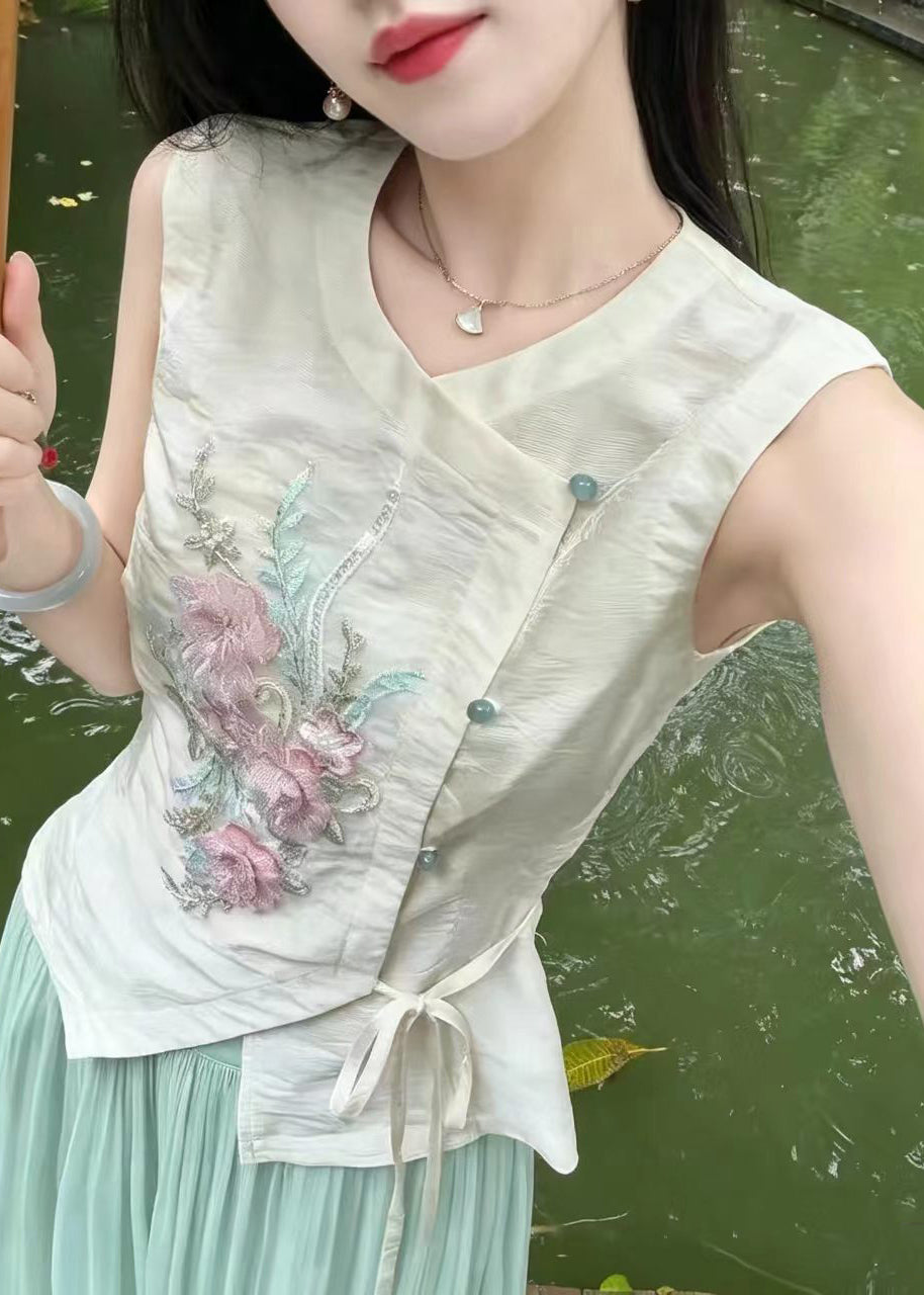 Chinese Style White Embroidered Nail bead Two Pieces Set Sleeveless