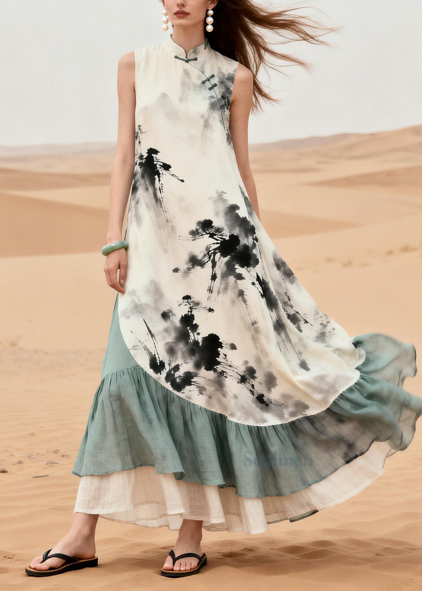 Chinese Style White Print Patchwork Cotton Maxi Dresses Summer