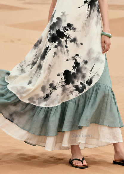 Chinese Style White Print Patchwork Cotton Maxi Dresses Summer
