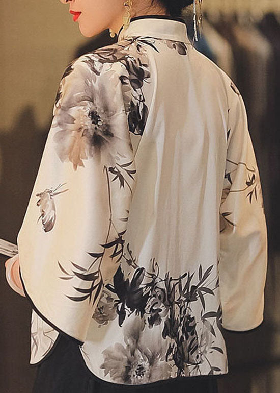 Weißes Seidentop mit Stehkragen und Knopfleiste im chinesischen Stil, Frühling