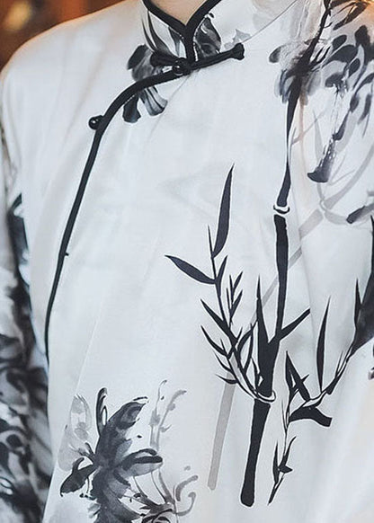 Weißes Seidentop mit Stehkragen und Knopfleiste im chinesischen Stil, Frühling