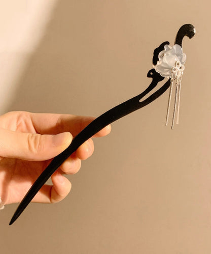 Horquilla con borla de loto de madera blanca de estilo chino