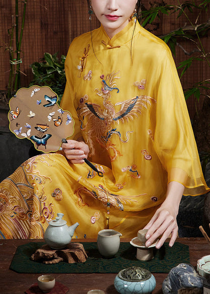 Chinese Style Yellow Embroidered Silk Long Dress Summer