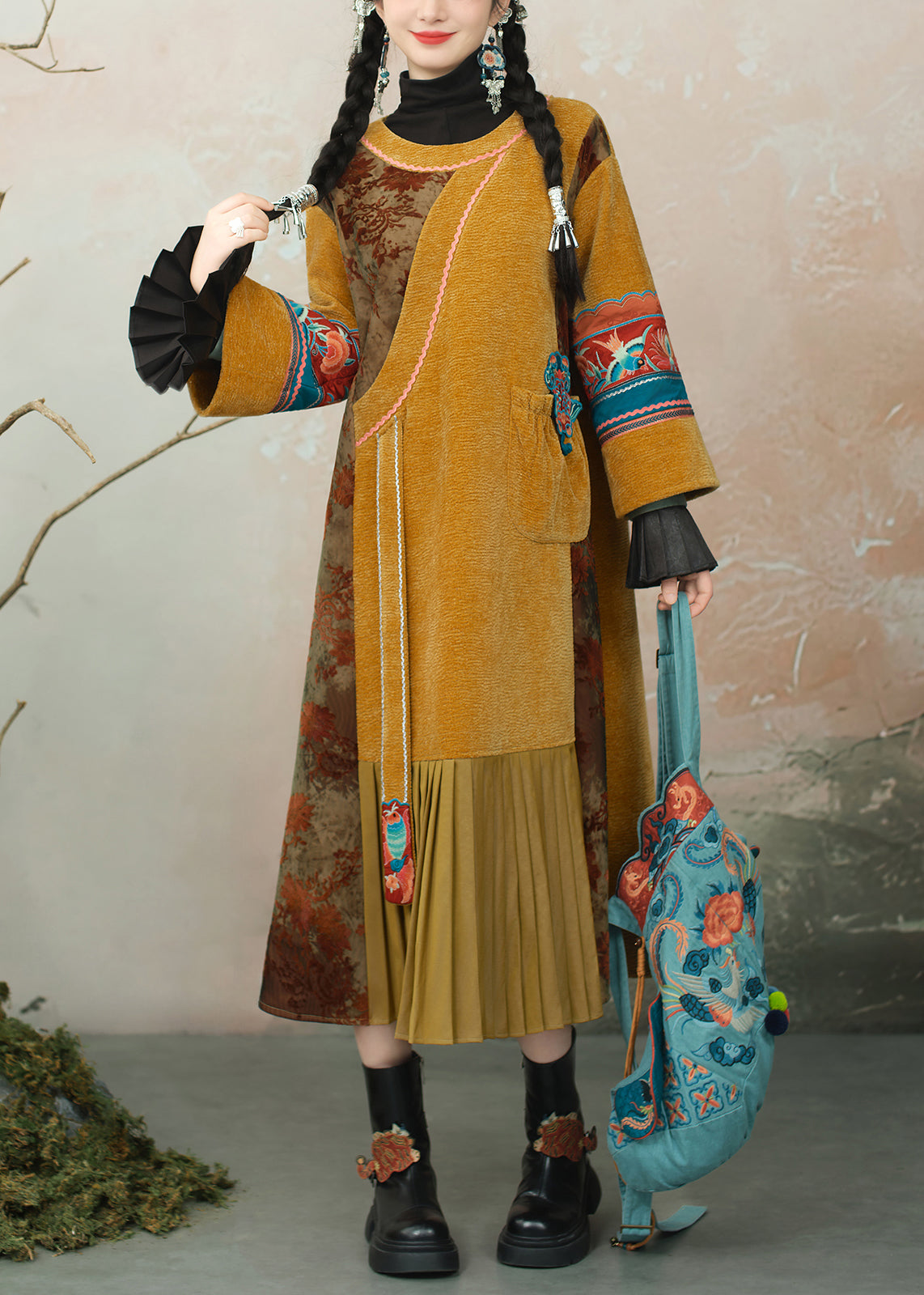 Chinese Style Yellow Embroidered Wrinkled Patchwork Chenille Long Dress Spring