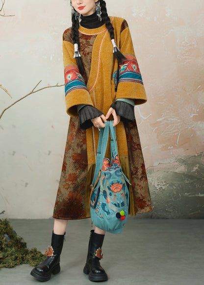 Chinese Style Yellow Embroidered Wrinkled Patchwork Chenille Long Dress Spring