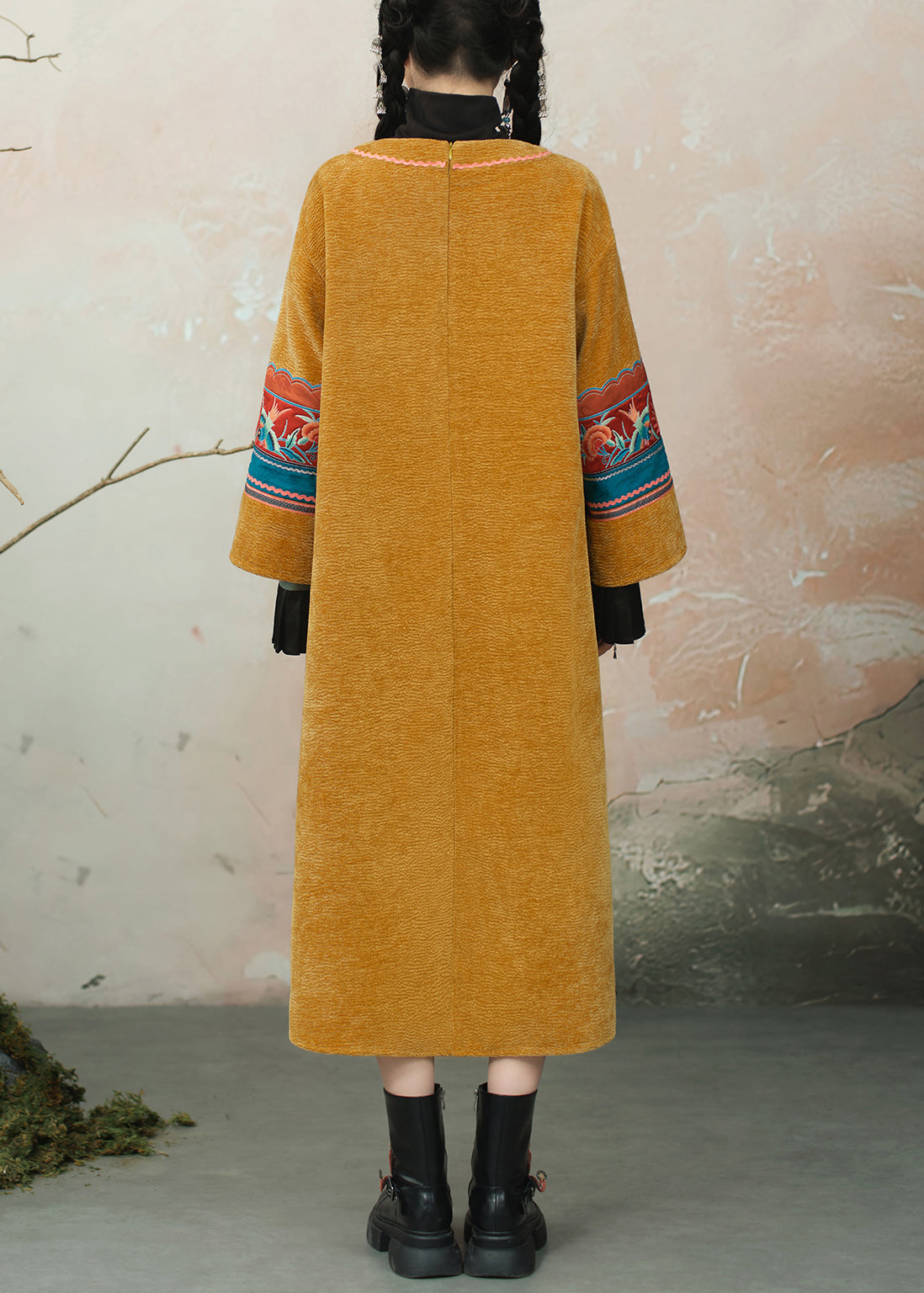 Chinese Style Yellow Embroidered Wrinkled Patchwork Chenille Long Dress Spring