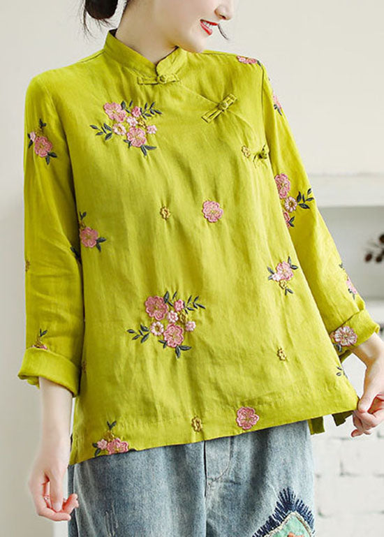 Chinesischen Stil Gelb Bestickt Patchwork Leinen Hemd Tops Frühling