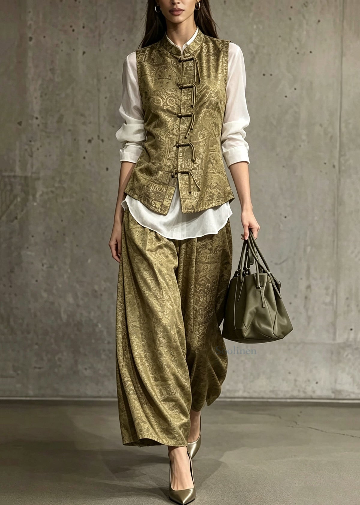 Chinese Style Yellow Green Oriental Button Print Silk Set Autumn