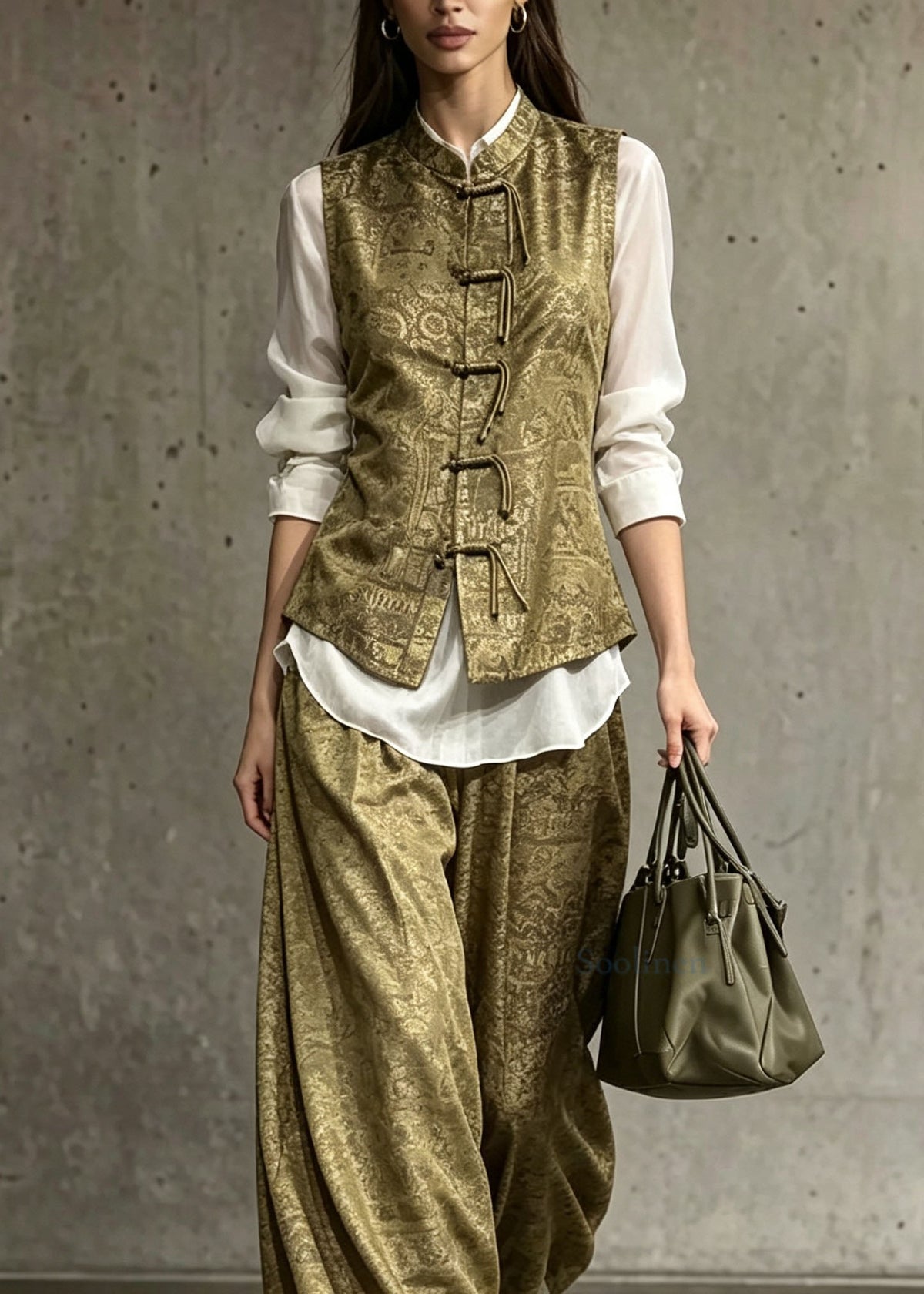 Chinese Style Yellow Green Oriental Button Print Silk Set Autumn