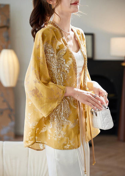 Chinese Style Yellow Nail Bead Tasseled Coat Batwing Sleeve