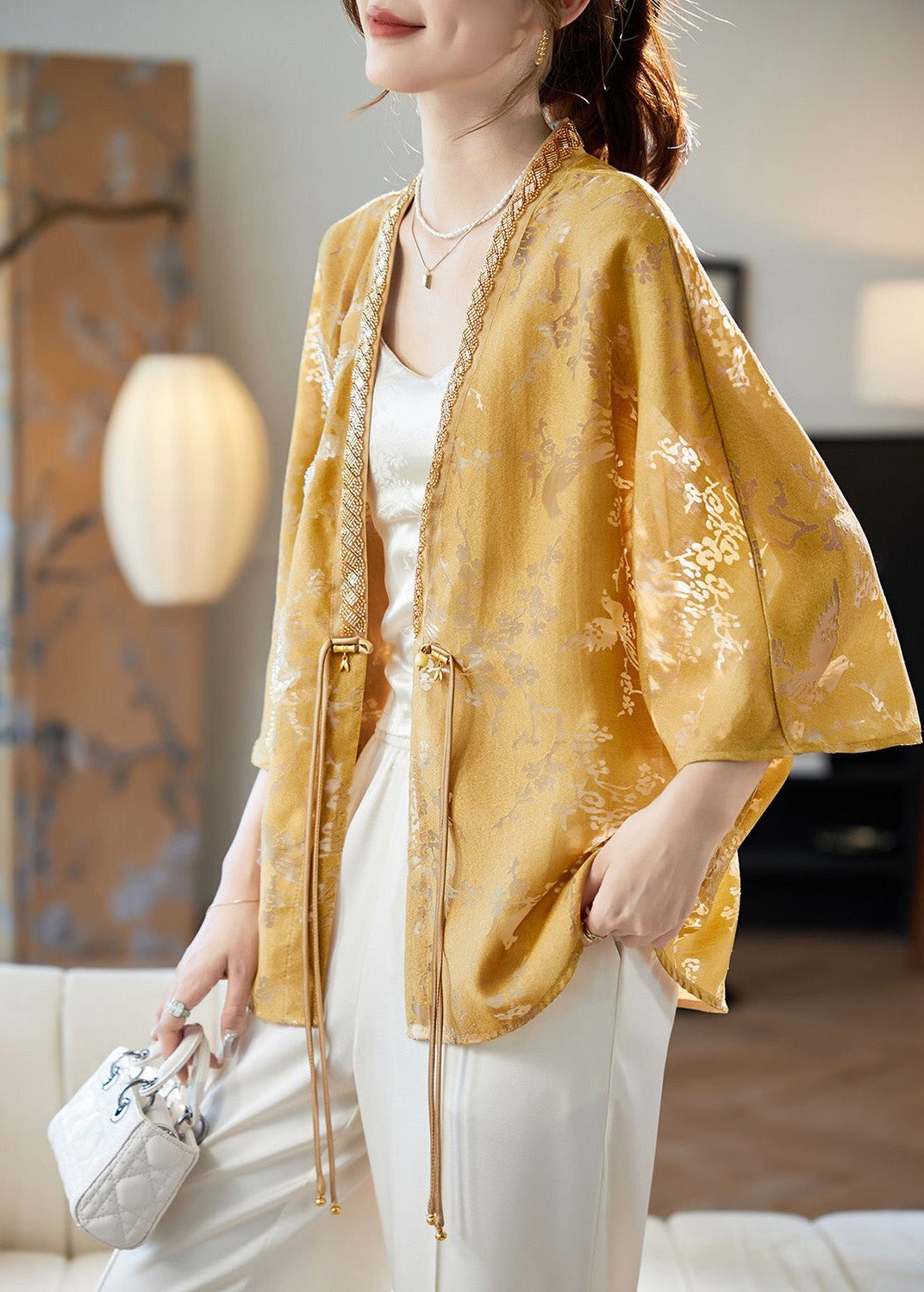 Chinese Style Yellow Nail Bead Tasseled Coat Batwing Sleeve