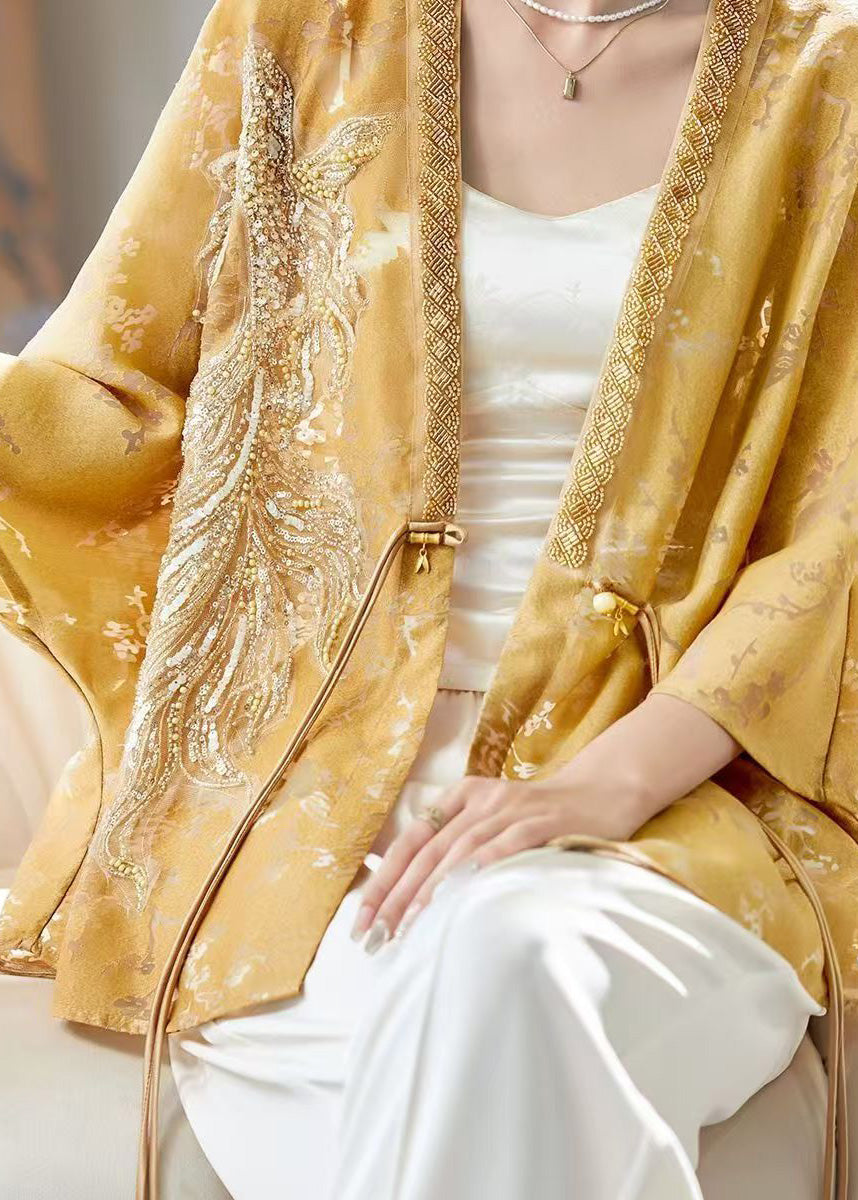 Chinese Style Yellow Nail Bead Tasseled Coat Batwing Sleeve