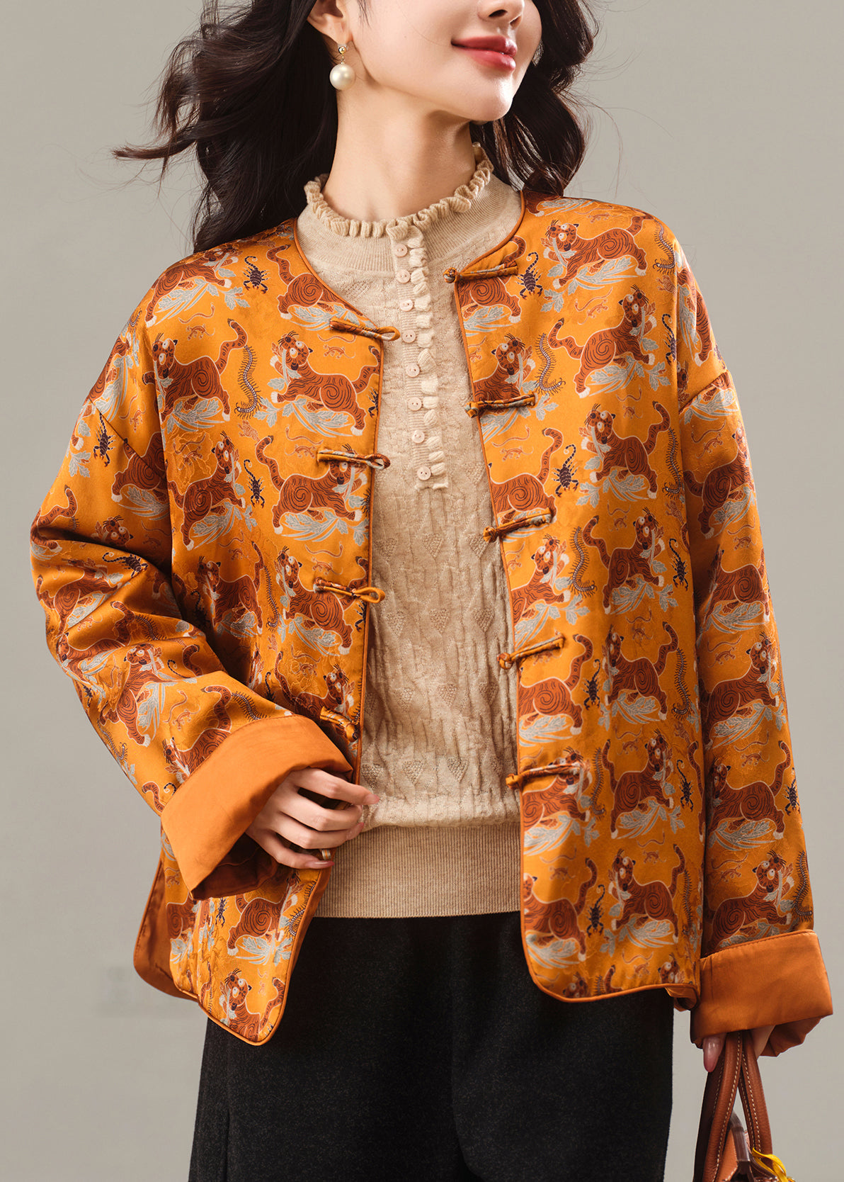 Chinese Style Yellow Print Fine Cotton Filled Silk Jacket Winter