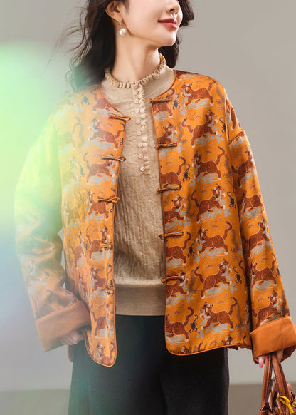 Chinese Style Yellow Print Fine Cotton Filled Silk Jacket Winter