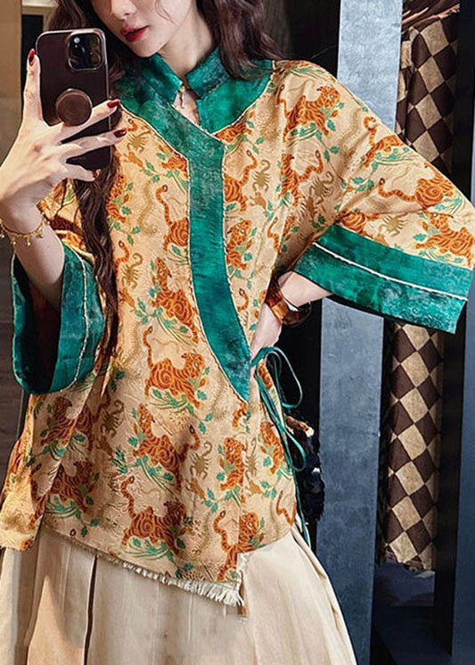 Chinese Style Yellow Print Lace Up Silk Shirt Top Fall