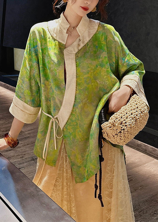 Chinese Style Yellow Print Lace Up Silk Shirt Top Fall