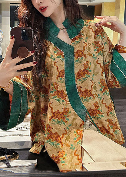 Chinese Style Yellow Print Lace Up Silk Shirt Top Fall