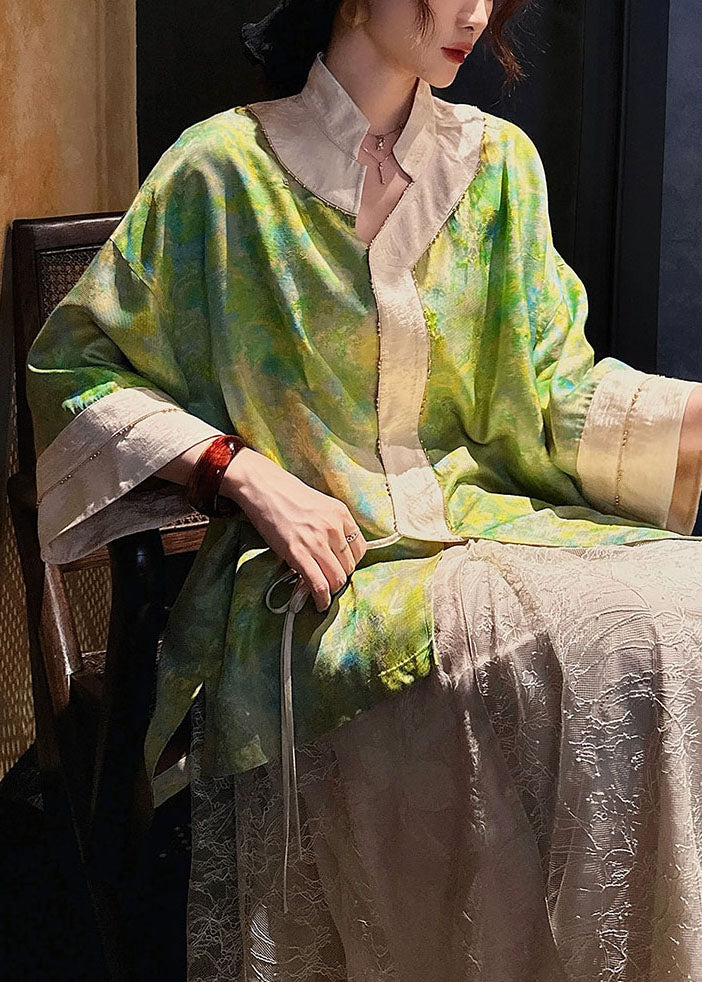 Chinese Style Yellow Print Lace Up Silk Shirt Top Fall