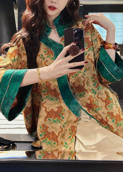 Chinese Style Yellow Print Lace Up Silk Shirt Top Fall