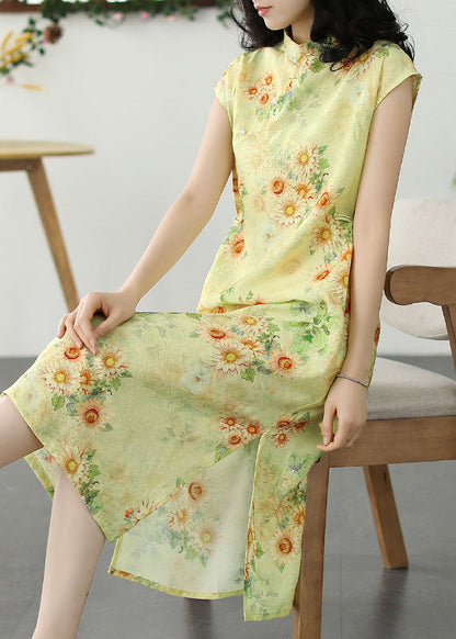 Chinesischen Stil Gelb Druck Seite Offen Patchwork Leinen Kleid Sommer