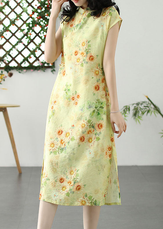 Chinesischen Stil Gelb Druck Seite Offen Patchwork Leinen Kleid Sommer
