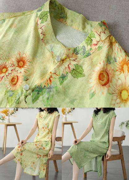 Chinesischen Stil Gelb Druck Seite Offen Patchwork Leinen Kleid Sommer