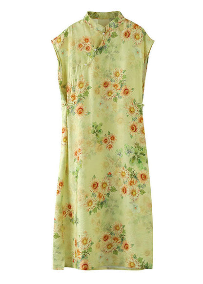 Chinesischen Stil Gelb Druck Seite Offen Patchwork Leinen Kleid Sommer