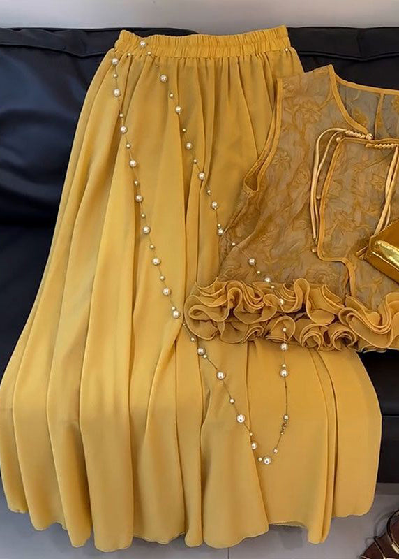 Zweiteiliges Set aus gelber, gerüschter Seide im chinesischen Stil für den Sommer