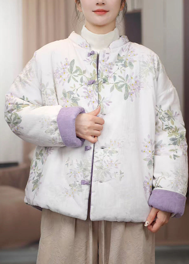 Gelbe Parkas im chinesischen Stil mit Stehkragen, Knopfleiste, Baumwollfüllung und Print – ideal für den Winter