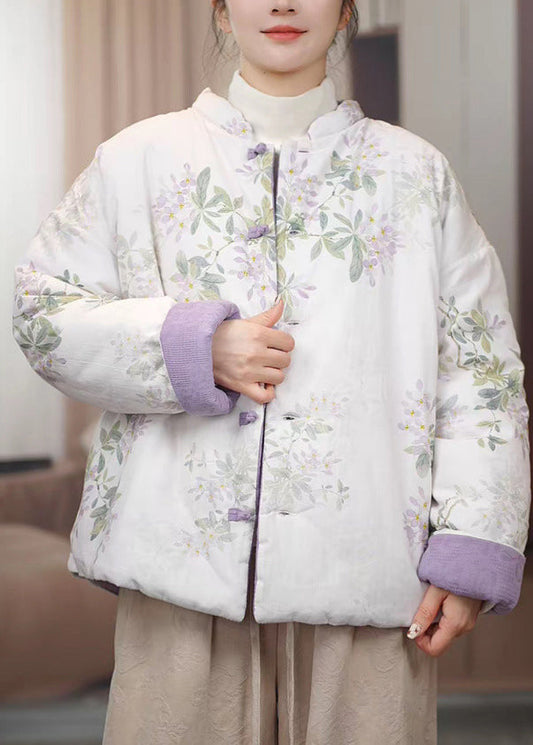 Gelbe Parkas im chinesischen Stil mit Stehkragen, Knopfleiste, Baumwollfüllung und Print – ideal für den Winter