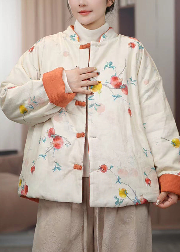 Gelbe Parkas im chinesischen Stil mit Stehkragen, Knopfleiste, Baumwollfüllung und Print – ideal für den Winter