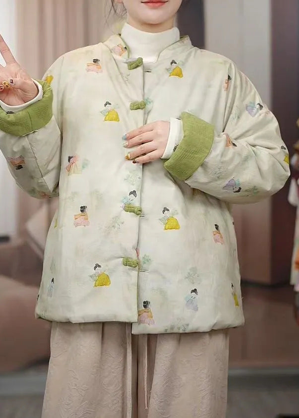 Gelbe Parkas im chinesischen Stil mit Stehkragen, Knopfleiste, Baumwollfüllung und Print – ideal für den Winter