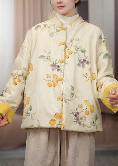 Gelbe Parkas im chinesischen Stil mit Stehkragen, Knopfleiste, Baumwollfüllung und Print – ideal für den Winter