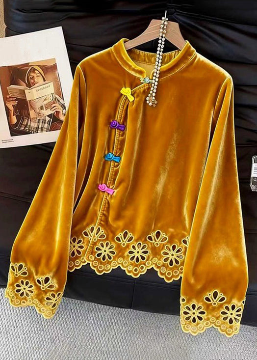 Chinese Style Yellow Stand Collar Hollow Out Silk Velour Shirts Fall