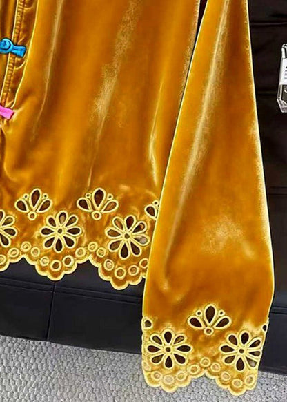 Chinese Style Yellow Stand Collar Hollow Out Silk Velour Shirts Fall