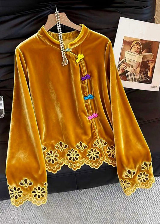 Chinese Style Yellow Stand Collar Hollow Out Silk Velour Shirts Fall