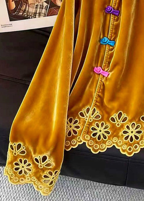 Chinese Style Yellow Stand Collar Hollow Out Silk Velour Shirts Fall