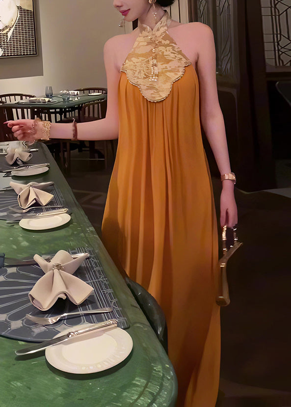 Chinese Style Yellow Stand Collar Patchwork Long Dress Summer