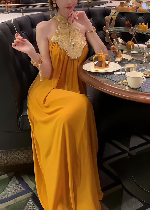 Chinese Style Yellow Stand Collar Patchwork Long Dress Summer