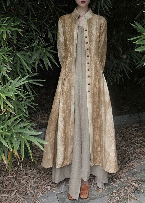 Gelbe Maxi-Mäntel im chinesischen Stil mit Stehkragen und Batikmuster für den Herbst