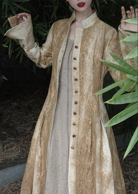 Gelbe Maxi-Mäntel im chinesischen Stil mit Stehkragen und Batikmuster für den Herbst