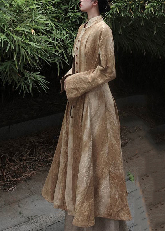 Gelbe Maxi-Mäntel im chinesischen Stil mit Stehkragen und Batikmuster für den Herbst