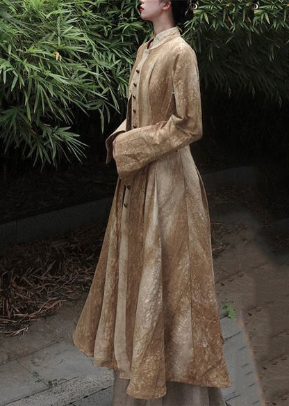 Gelbe Maxi-Mäntel im chinesischen Stil mit Stehkragen und Batikmuster für den Herbst