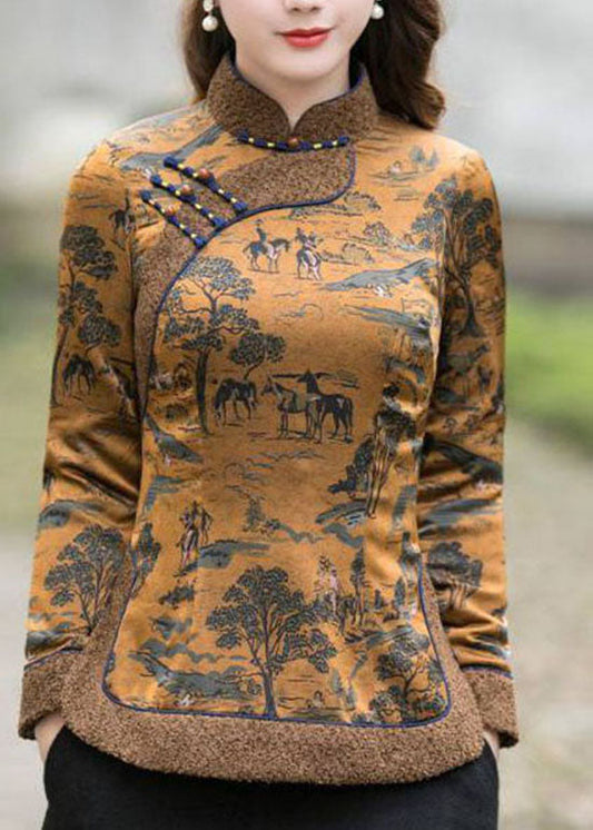 Chinesischen Stil Schokolade Seite offen Stehkragen Knopf Druck Feine Baumwolle gefüllt Tops Winter