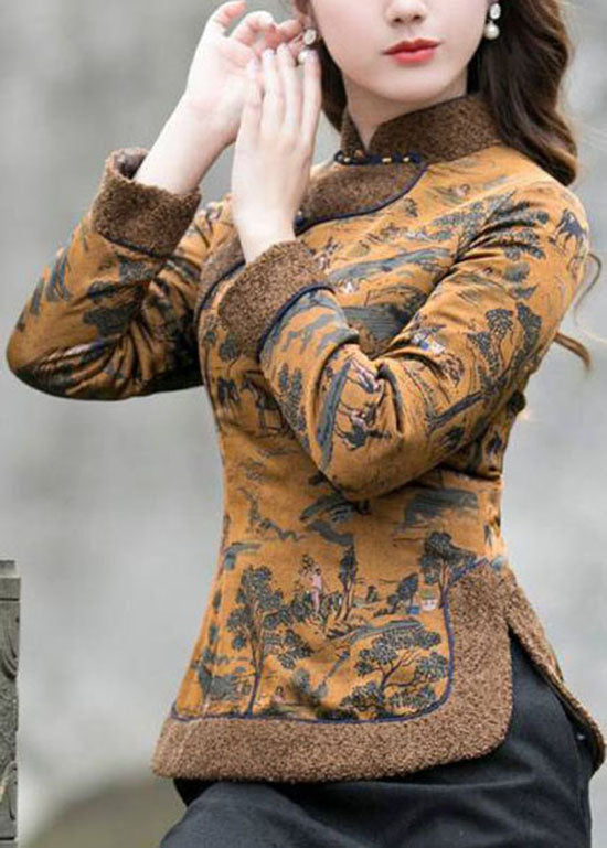 Chinesischen Stil Schokolade Seite offen Stehkragen Knopf Druck Feine Baumwolle gefüllt Tops Winter