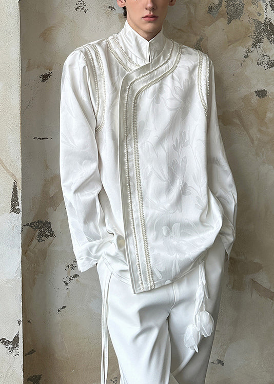 Camisas de algodón para hombre, estilo chino, blanco, con cuello alto y cuentas de uñas, primavera